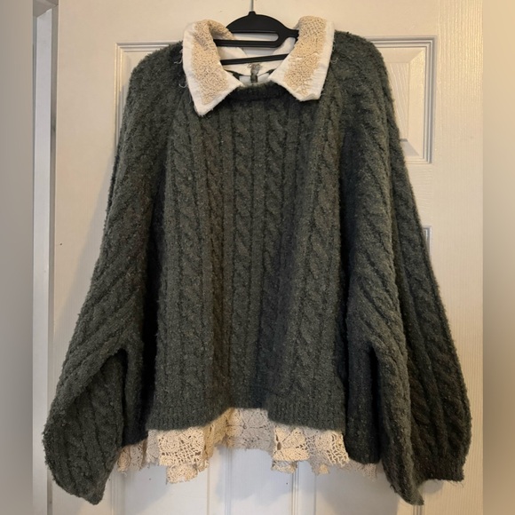 POL Sweaters - POL Gray Cable Knit Collared Sweater with Lace Trim